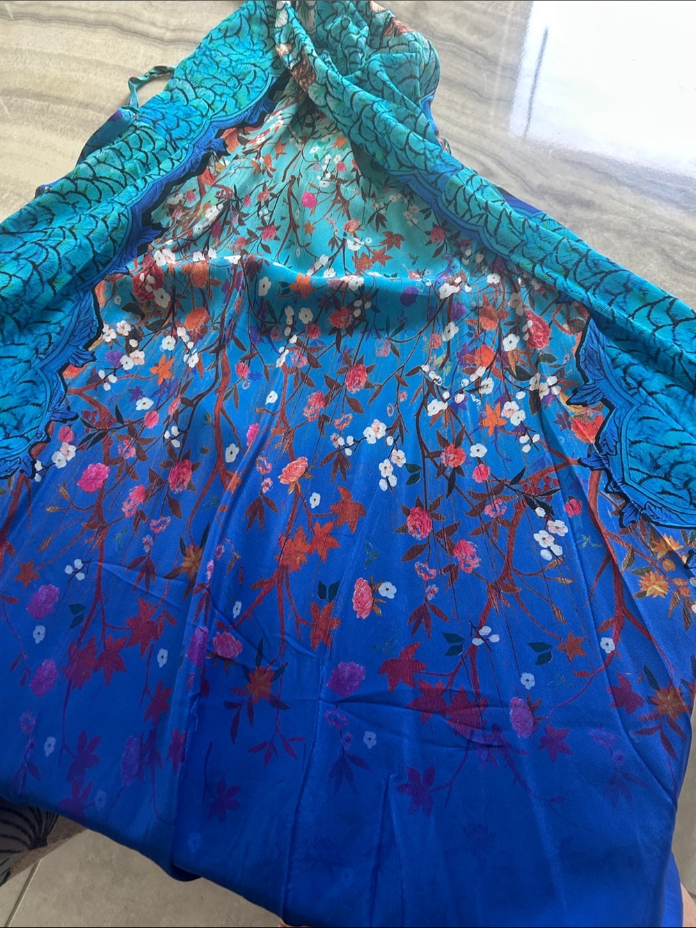 GOTTEX Silk Blue Multicolor Maxi cover up/dress with Floral & Feather Motif - Picture 10 of 12